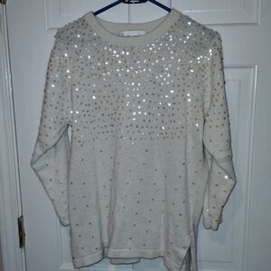 Silhouettes long sleeve white sweater with light colored ombre sparkles
